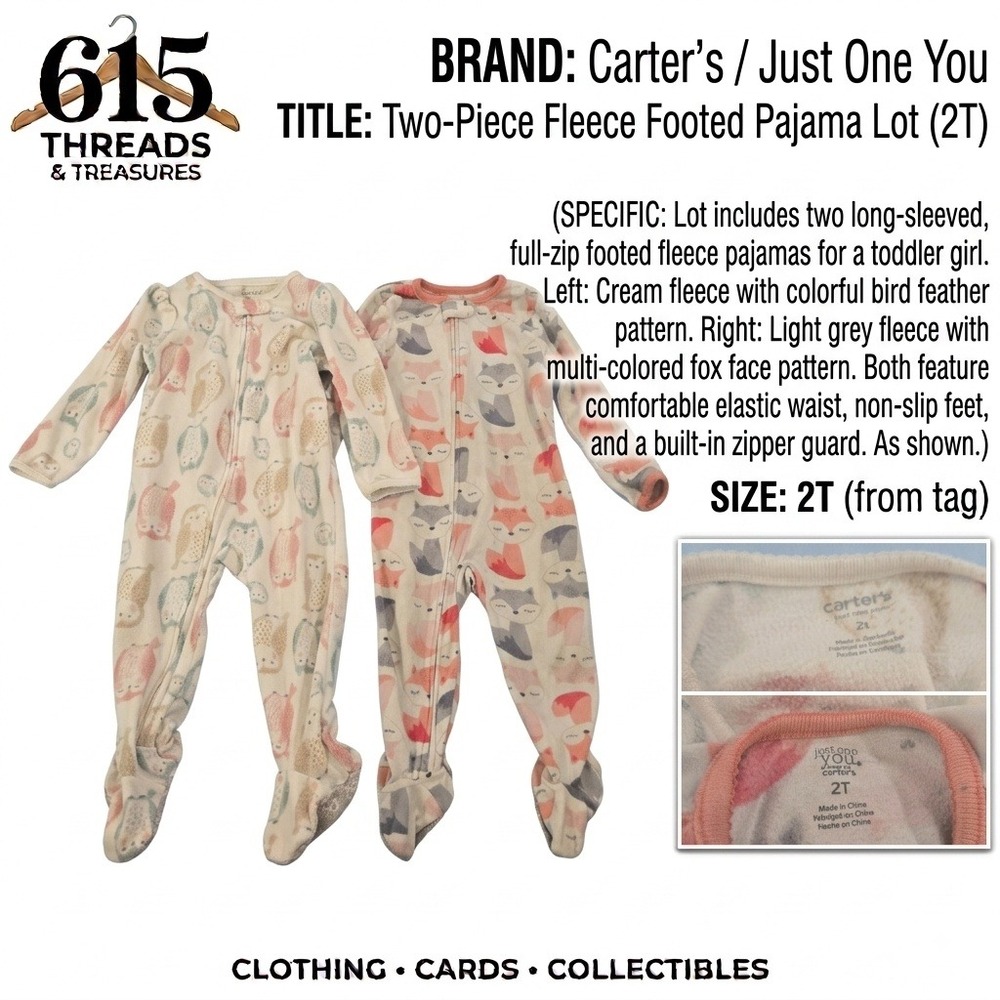 Carter's Just One You Toddler Girls 2T Fleece Footed Pajamas Lot 2pk Owl Fox